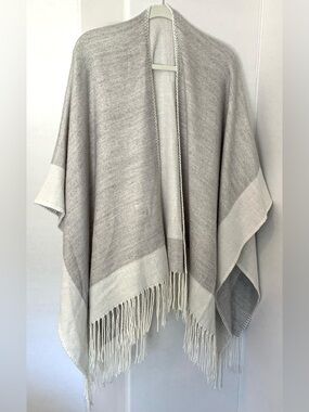 Light Gray Two-Tone Fringe Poncho Style Wrap
